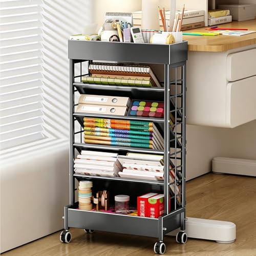 Rolling Library Book Cart, Movable 6-Layer Storage Rack with Wheels, Carbon Steel Shelf, Space Saving Narrow File Folder Organizer Cart for Study Office Classroom(Black)