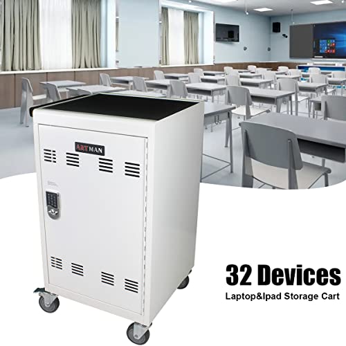 30-Device Mobile Charging Cart with Power Strip, Locks White with Code Lock