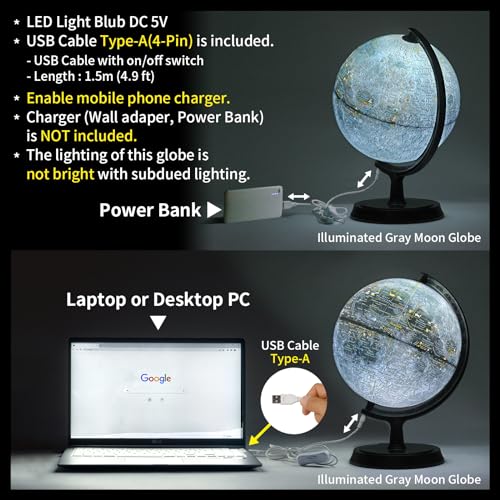 Mapsoft Explorer Illuminated Gray Moon Globe, 24cm/9.5", MI-24, Moon lamp, Moon light, Lunar Globe