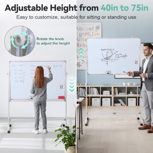 Double Sided Magnetic Rolling Whiteboard Easel Stand, Height Adjustable Mobile & Chalk Board with Lockable Casters, Complete Markers Eraser Magnets Kit, School Office Classroom Teacher Supplies