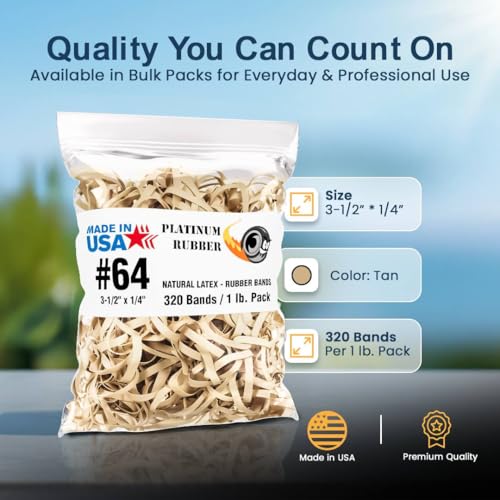 Platinum Rubber Bands Size 64, USA Office Supplies, Heavy Duty Elastic Bands, 3 1/2 x 1/4 Inch, 320 Bands per 1 lb Pound, 3 Pack or 25 Pack Bulk, Natural Tan Color, Large Rubberbands Made in America (3-PACK)