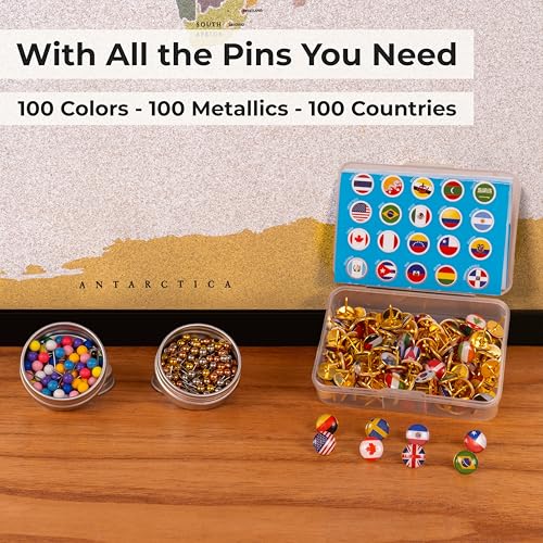 World Map Pin Board Large 30"x20" Framed | Colored Cork Wall Map with Country Flags, Metallic & Colored Pins | World Travel Map with Pins | Unique Push Pin Map Gift for Travelers, Couples & Families. (Multicolor)