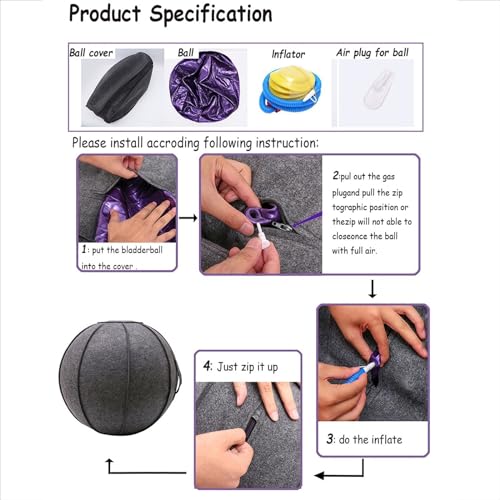 Sitting Ball Chair for Office, Pilates Yoga Ball Chair Cover, Exercise Ball Chair, Balance Ball Posture Activating Exercise Ball Solution Dustproof Protective Covers with Handle ( Color : Black Gray ,