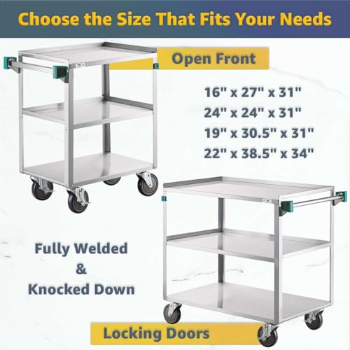 19" x 30.5" Commercial Stainless Steel Utility Cart NSF - Three Shelf Rolling Service Cart with Handle and 5" Casters - 300 lb Capacity, Rolling Cart for Warehouse and Restaurant