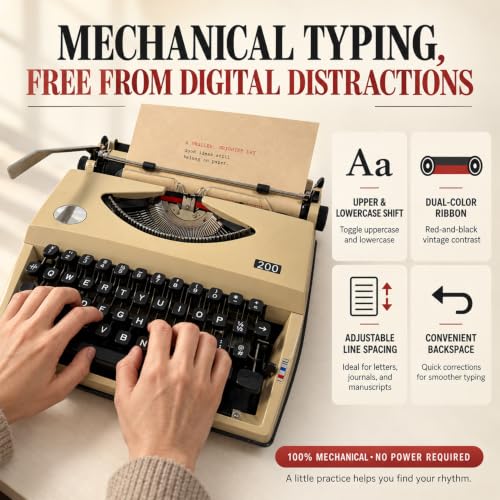 Manual Typewriter with Ribbon, Mechanical Retro Portable Typing Machine, Classic Vintage Decor for Home & Office, Classic Old-Fashioned Typewriter for Writers, Notes, Letters&Creative Writing Projects