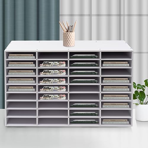 KONGKUNI Mail Sorter Organizer, 36 Compartments Wooden Adjust Literature Organizer, Student Mailbox for Classroom, Desktop Paper Organizer for Office Home School, White