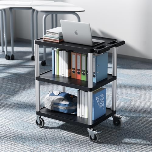 VEVOR Utility Cart, 300 lbs Load Capacity, 27.6 x 18.1-inch Service Cart, Three-Shelf Heavy Duty Plastic Utility Cart with 360° Swivel Wheels (2 with Brakes), Suitable for Warehouse, Garage, Cleaning