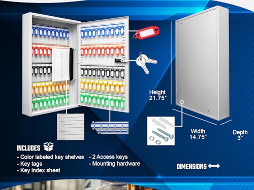 Barska 100 Position Combination Key Lock Box – Wall Mount Steel Key Cabinet with Adjustable Numbered Hooks, Index Log, Colored Tags for Office or Business- Key box wall mount - Key locker - Storage