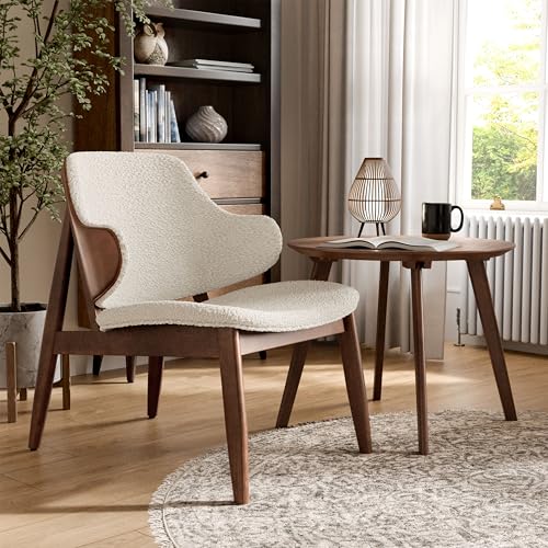 Furniture of America Callum Mid-Century Modern Solid Wood 2 Piece Brown Round Side Table Set with Upholstered Chair, Easy Assembly, for Home, Office, Living Room, Walnut