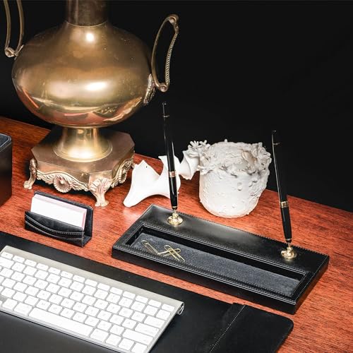 Dacasso Classic Black Leather Double Pen Stand w/Gold Accents - Luxury Executive Decor and Office Desk Surface Protector
