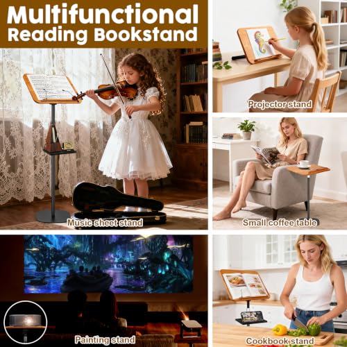 2 in 1 Dual-use Music Stand & Desktop Book Stand, Adjustable Height 16.5"-51", 100% Solid Wood Laptop Floor Stand Book Holder with Elastic Page Clips for Cookbooks (Brown with Tray)