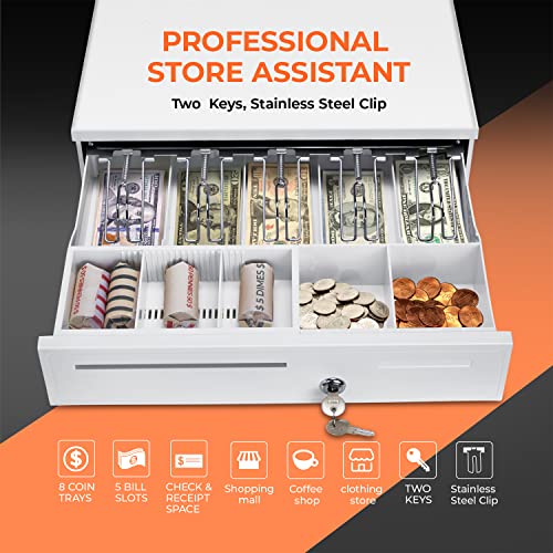 MUNBYN White Cash Register Drawer 16" White 5 Bill 5 Coin RJ11 RJ12
