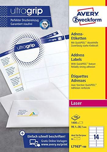Avery Zweckform J7163-100 Address Labels 99.1 x 38.1 mm for DIN Long Envelopes Pack of 100 Sheets