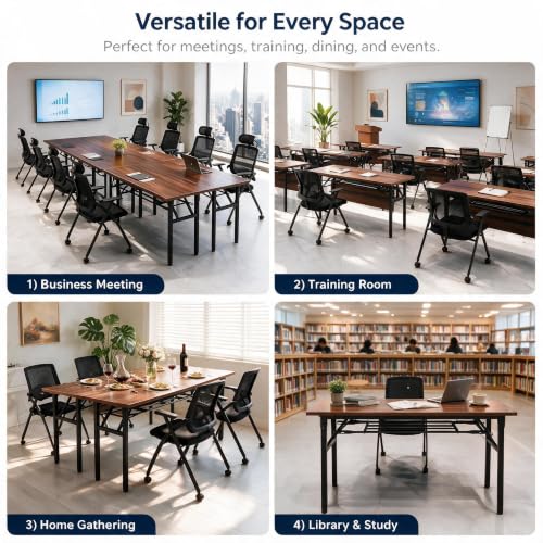 KGHJWWV Folding Conference Table, Heavy Duty Foldable Training Table with Storage Shelf, No‑Assembly Multi‑Purpose Rectangular Portable Desk for Office Meeting, Training, Home, Banquet,1