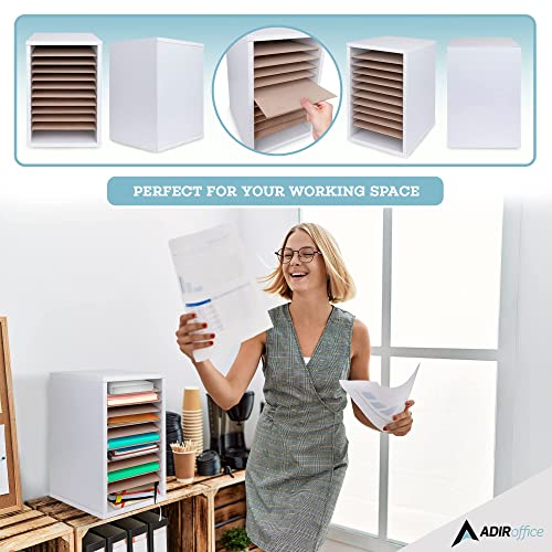 AdirOffice Classroom Mailbox - 11 Compartment Wooden Mail Organizer, Construction Paper Storage, Vertical Desktop Sorter with Slots, Mailboxes With Removable Shelves (11 Slot, White)
