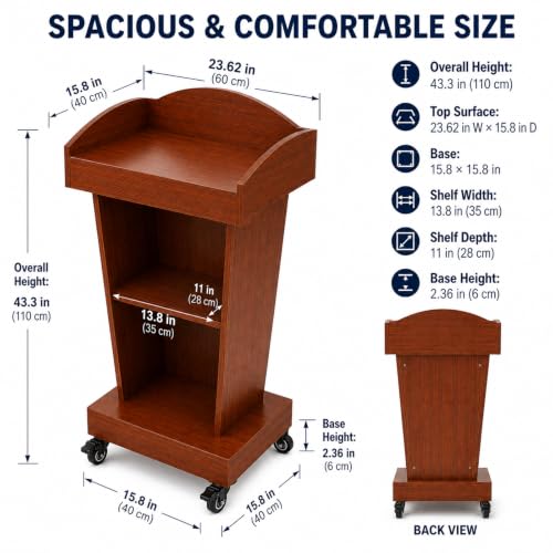 Wooden Pulpit Lectern Podium with Wheels and Storage for Church Classroom