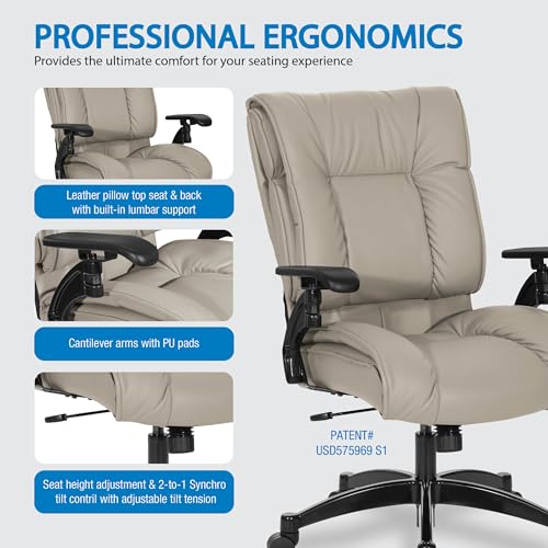 Space Seating 93 Series Professional Executive Leather Office Chair, Pillow Top Seat and Back, Lumbar Support, Cantilever Arms, Synchro Tilt, Taupe