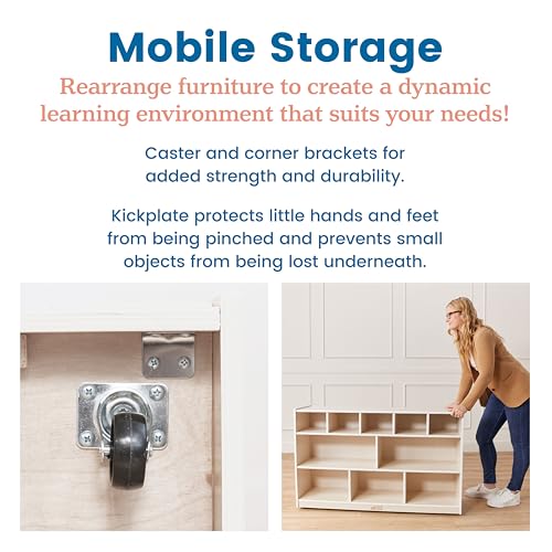 ECR4Kids 5+5 Cubby and Storage Mobile Tray Cabinet, Classroom Furniture, White Wash