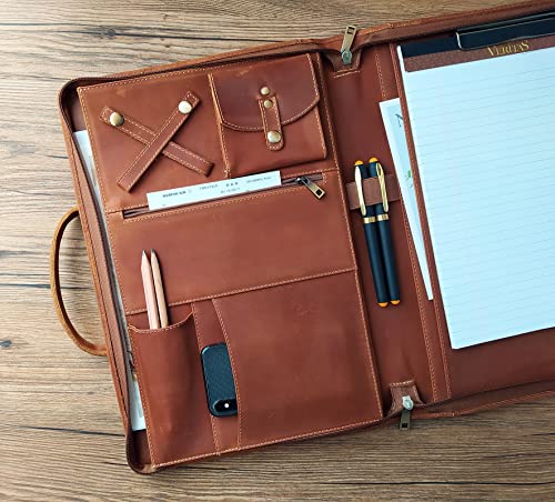 Oversized Leather Portfolio, Zippered Clipboard Padfolio with Handle, Legal Size 8.5x14 Notepad Planner, 15" Laptop Organizer Folio (Standard)