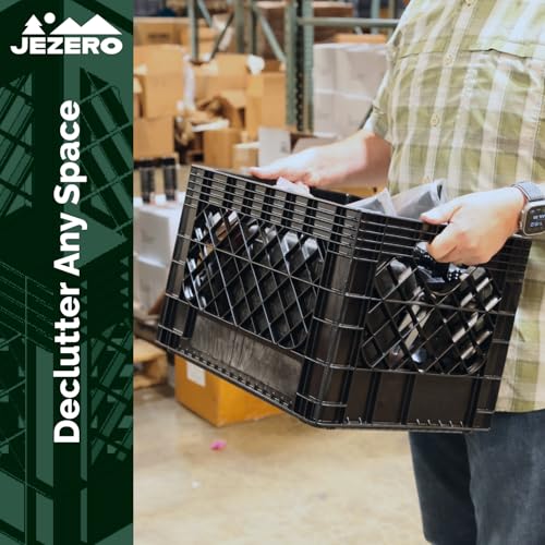 JEZERO 20 Quart 4-Pack Heavy Duty Plastic Crate | Stackable Multi-Purpose Storage Bin for Garage, Home, Office, Groceries, Outdoor, Camping & Kayaking | Black Utility Tote, 17" x 13" x 11"