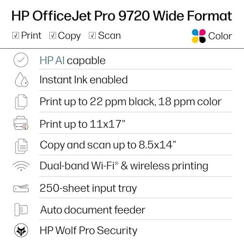 HP OfficeJet Pro 9720 Wide-Format Wireless All-in-One Color Inkjet Printer, Print, scan, Copy, fax up to 11x17, ADF, Duplex Printing Best-for-Office, 3 Month Trial of Instant Ink Included (C2XF9A)