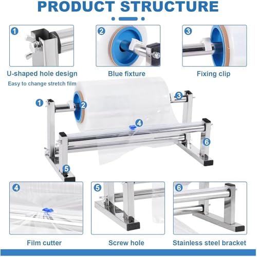Stainless Steel Stretch Film Dispenser, 20/30/40/50/60/70/80cm, Table Stretch Film Dispenser Packing Machine With Film Slide, Quick&Efficient Film Cutting, for Restaurant, Supermarket, Fruit Shop
