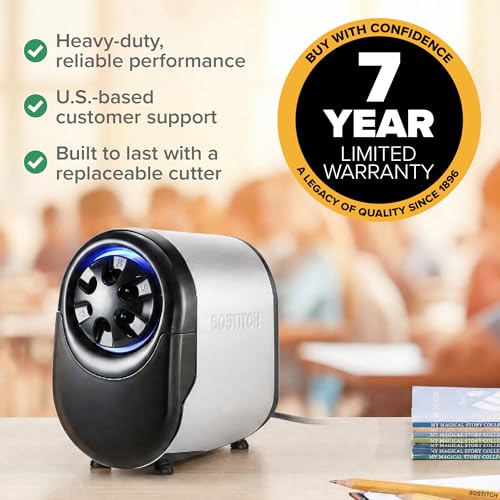 Bostitch Office QuietSharp Electric Pencil Sharpener, Sharpens Standard & Colored Pencils, Heavy Duty Classroom or Office Use, Size Selector with 6 Different Sizes, Silver/Black