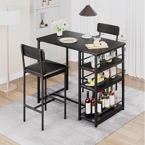 Small Bar Table and Chairs Set of 2 with 3 Storage Shelves, 3-Piece Counter Height Wood Kitchen Dining Room Table Set with Sturdy Metal Frame Footrest, High Top Desk for Small Spaces, Breakfast Nook