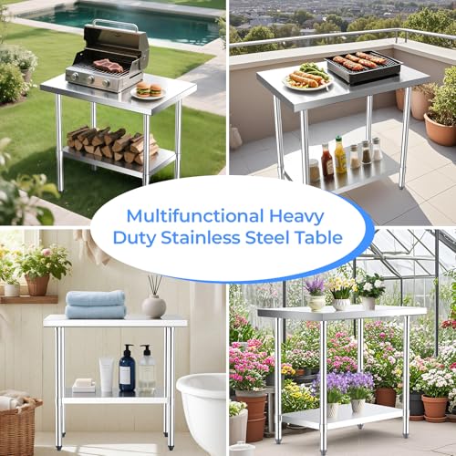 NUUK Stainless Steel Work Table 24" x 36", Commercial Kitchen Food Prep Table with Adjustable Height, Metal Countertop Utility Worktable for Restaurant, Home and Hotel
