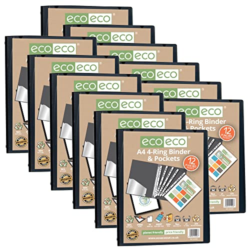 eco-eco A4 65% Recycled Presentation 4 O Ring Binder with 12 Multi Punched Pockets, 22mm Spine, Pack of 12 Black, eco046x12