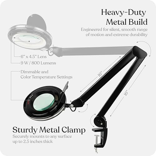 Brightech LightView Pro Magnifying Desk Lamp, 2.25x Light Magnifier with Clamp, Adjustable Magnifying Glass with Light for Crafts, Reading, Close Work - Black