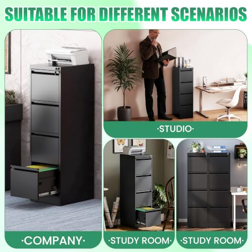 VIYET File Cabinet 4 Drawer with Lock, Vertical Filing Cabinets for Home Office, Metal Steel Storage Cabinet for Letter/Legal Size File, Assembly Required(Black)