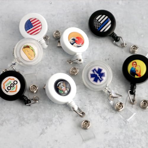 Bulk 100 Pack - Custom Badge Reels with Alligator Clip - Premium Customized Dome Label Retractable I'd Holder for Medical/Hospital Staff, Company Logo, Office and More by Specialist ID (White)