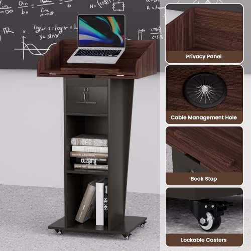 Wooden Podium Stand with Adjustable-Angle Tabletop,Wheels & Lockable Drawer