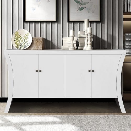 Refined Industrial 4-Door Credenza with Wooden Arc Legs and Bronze Clasps, Advanced Storage Design Sideboard, Modern Buffet Cabinet for Kitchen, Living Room, Hallway (White-we11)