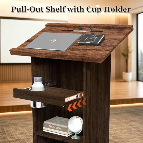 Zevemomo Wooden Podium Stand with Storage, Cup Holder, Brown