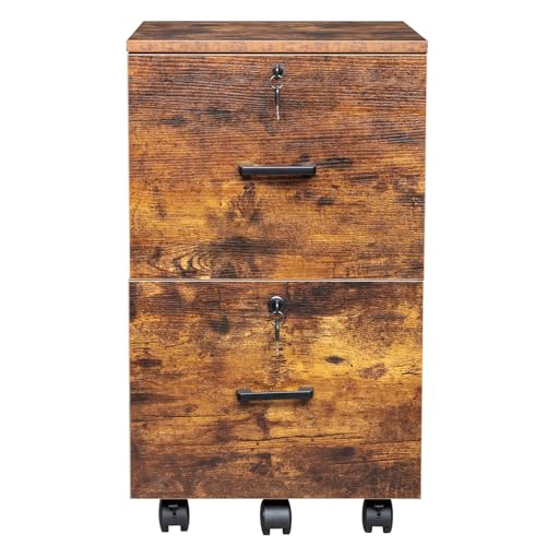 LOPUUFKJJ 2 Drawer Rolling Wood File Cabinet with Lock for Home Office Letter Size Filing Storage Mobile Brown Black