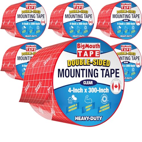 BigMouth Tape - 6 Rolls 2 Sided Tape, 4-Inch x 1800-Inch, Heavy Duty Double Sided Tape, Picture Hanging Strips, Wall Safe Tape