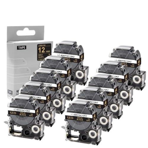 10 Pack 12mm Tape for SS12KW LK4WBN Black On White SS12KW Label Tape Printer Ribbon Compatible with LW300 LW400 Label Maker(Gold on Black)