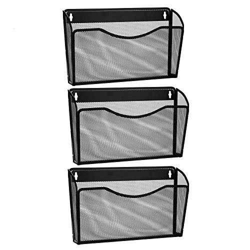3 Pocket Wall Mount File Hanging Organizer, Metal Mesh Office Home Folder Binder Holder Magazine Mail Sorter Rack + Hardware, Black
