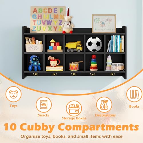 Verssure Wall Cubbies, 10 Cubby Storage Organizer with Coat Hooks, Cubbies for Classrooms,Wooden Cubby Shelf for Toys, Bags and Books, Used in School, Gym, Daycare Storge (Black)