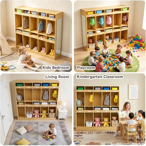 20-Section Classroom Coat Locker with Scratch-Resistant Mirror, Daycare Cubbies with Acrylic Name Tags & Hooks & Storage Cubbies, Natural Wood Classroom Cubbies for Classroom, Home, School, Nursery
