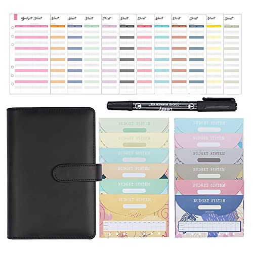 QERTYHKK A6 PU Leather Budget Binder Notebook Money Envelopes Organizer for Cash Saving with,Expense Sheets and Marker Pen