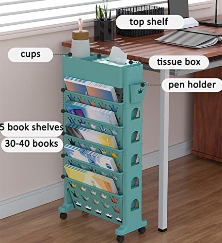 Movable Classroom Deskside Bookshelf, Desk Storage Organizer with Wheels, Slim Storage Trolley for Books, Library Reading Rack, Magazine Rack, Desk Storage Rack for Classroom, Compact Bookcase ( Color