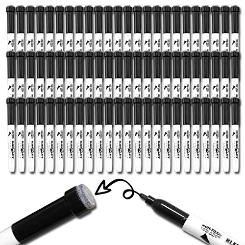 KleenSlate (72) Black Low Odor, Non toxic Dry Erase Marker with Eraser - Bonus 6 Adhesive Clips and 4 Microfiber Cleaning Cloths
