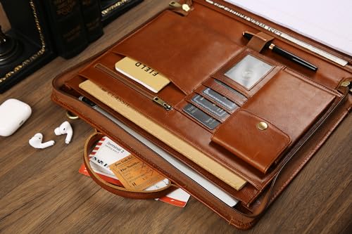 GZRHKJ Genuine Leather Padfolio Organizer，Professional Business Leather Briefcase with Strap，14×10.5 inch Customized Leather Padfolio with Handle-Brown