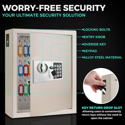 Flexzion Key Box Wall Mount with Code, Key Cabinet, Key Deposit Slot, 40 Key Holder Organizer Locker Case, Colored Key Tags Wall Mounted Lock Box for Keys Storage (Gray)