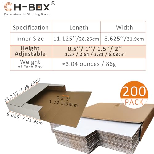 CH-BOX 200 Pack 11 1/8" x 8 5/8" x 2" Cardboard Easy-Fold Shipping Box Mailers, Letter-Size Height Adjustable for Comics Books Photos, White (EM1182-200)
