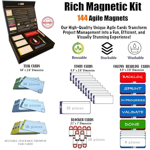 Agile Management Set Plus – 156-Piece Magnetic Scrum & Kanban Card Kit | Reusable Task, Detail & Blocker Cards | Premium Magnetic Agile System for Teams & Offices