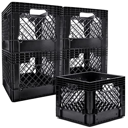 JEZERO 16 Quart 5-Pack Heavy Duty Plastic Crate | Stackable Multi-Purpose Storage Bin for Garage, Home, Office, Groceries, Outdoor, Camping & Kayaking | Black Utility Tote, 13" x 13" x 11"